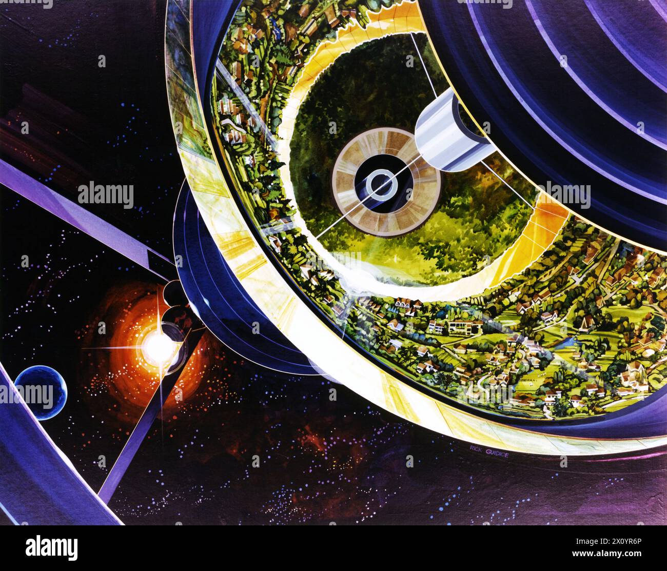 Cutaway View of Bernal Sphere. Kunstwerk: Rick Guidice. Eine Bernal-Sphäre ist eine Art von Weltraum-Habitat, das als langfristiges Zuhause für dauerhafte Bewohner gedacht ist und erstmals 1929 von John Desmond Bernal vorgeschlagen wurde. Bernals ursprünglicher Vorschlag beschrieb eine hohle, nicht rotierende kugelförmige Hülle mit einem Durchmesser von 16 km und einer Zielpopulation von 20.000 bis 30.000 Personen. Stockfoto