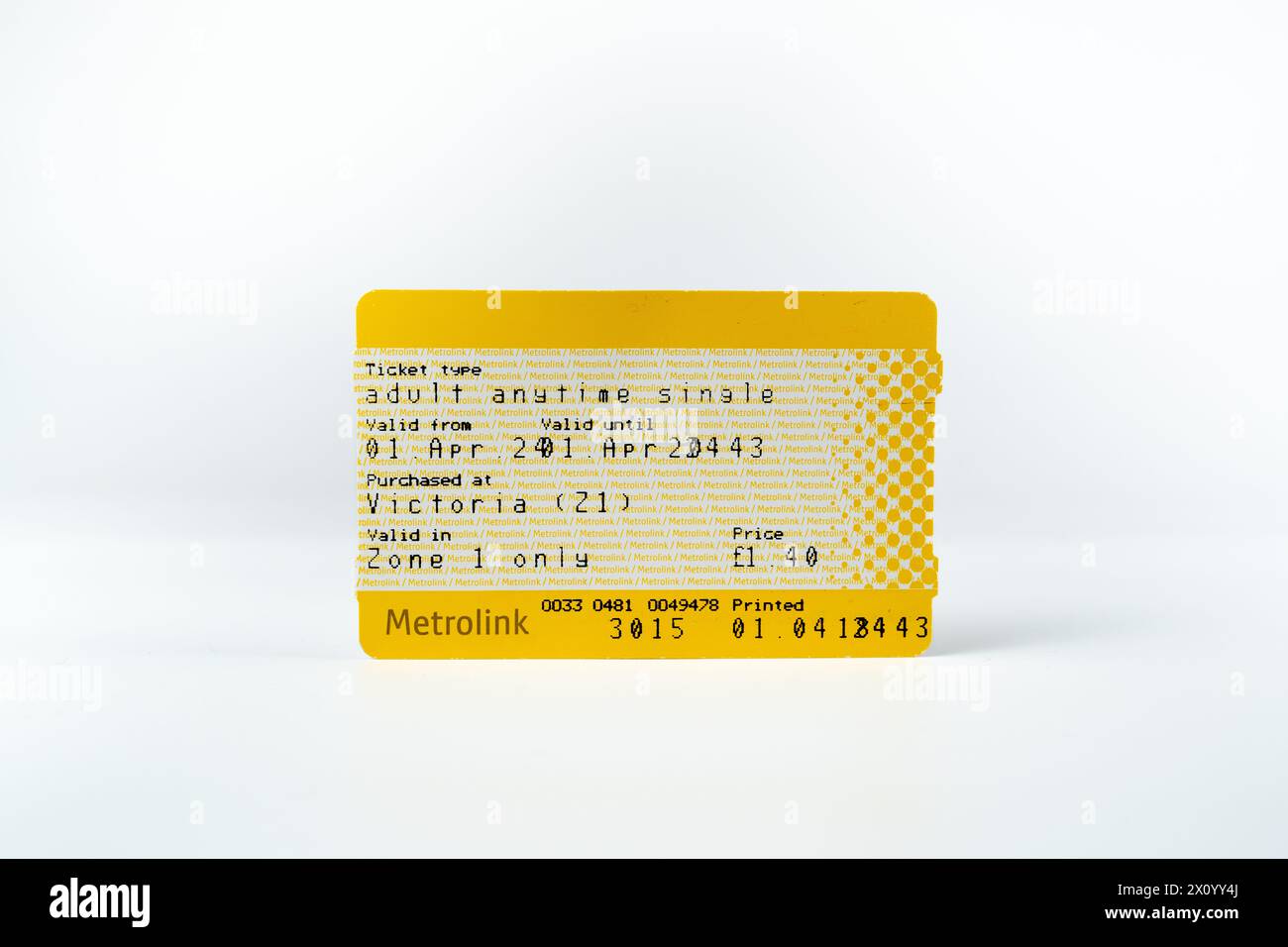 Manchester Metrolink Tram Ticket isoliert auf weiß. Einzelkarte für Erwachsene, die in Victoria Zone 1 gekauft wurde. Machester Victoria nach Piccadilly. Personal Stockfoto