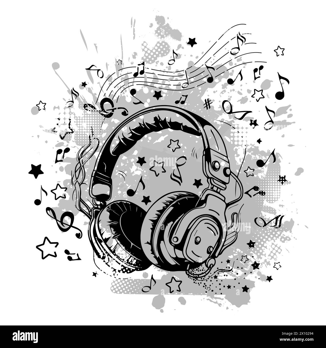 Musikdesign. Abstraktionsmusik. Kopfhörer und Notizen. T-Shirt-Druck. Handzeichnung. Nicht AI. Vektorabbildung Stock Vektor