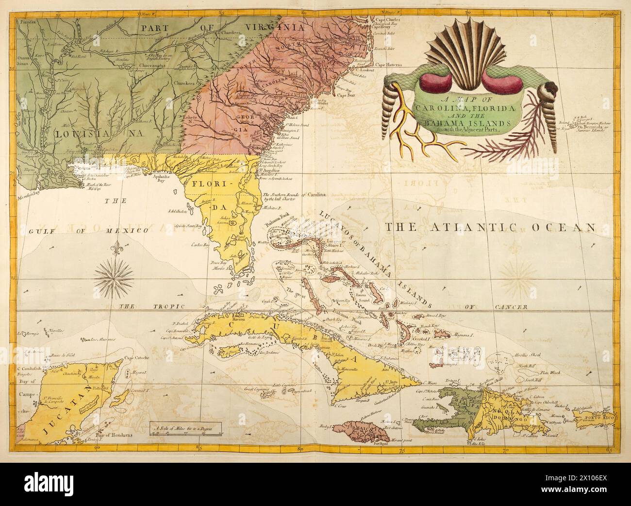 Karte: Carolina, Florida und die Bahama-Inseln mit den angrenzenden Teilen. Ausgabe 1754, von Reisen von Mark Catesby Stockfoto