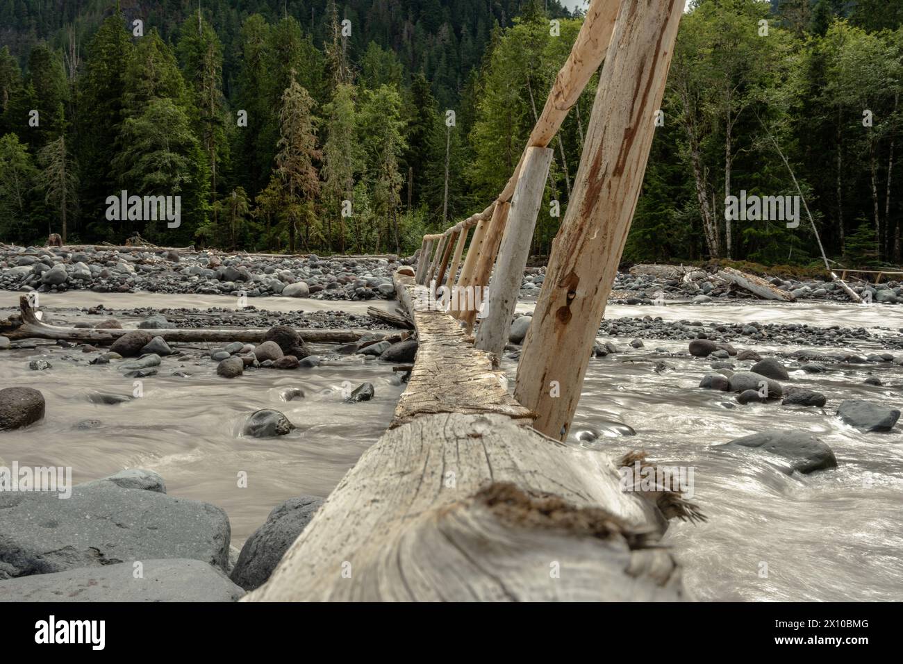 Low-Angle-View der Log Bridge über den Carbon River im Mount Rainier National Park Stockfoto