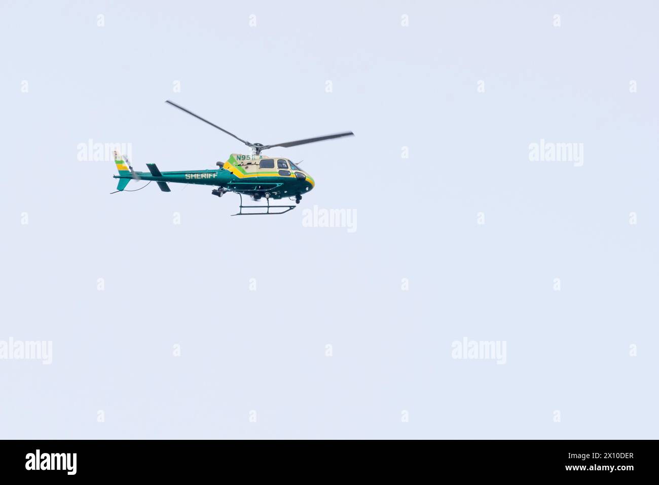 Ein amerikanischer Eurocopter AS350B2 Hubschrauber, der vom Sheriff's Department des Los Angeles County betrieben wird, fliegt über uns Stockfoto