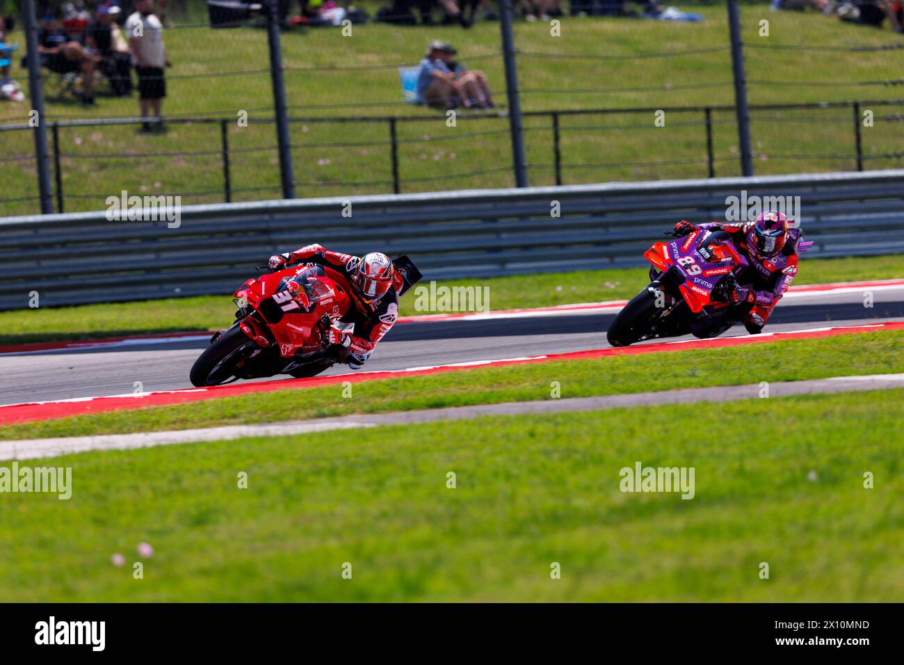 14. April 2024; Circuit of the Americas, Austin, Texas, USA; MotoGP Red Bull Grand Prix des Americas Race Day 2024; Pedro Acosta, Jorge Martin während des Rennens auf dem Circuit of Americas MotoGP Stockfoto