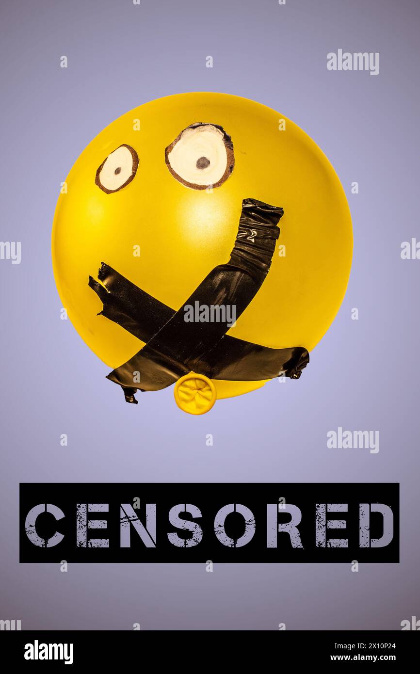Beleuchten Sie die erstickenden Auswirkungen von Zensur und Kultur mit diesem eindrucksvollen Konzeptbild, das einen Ballon mit verschlossenem Mund darstellt Stockfoto