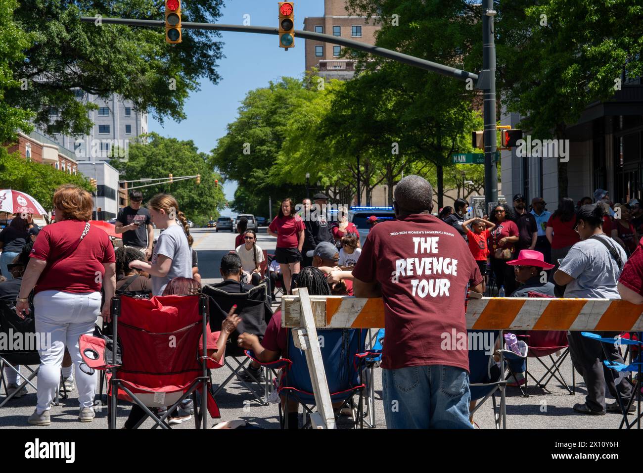 Gamecock-Fans feierten mit dem Frauen-Basketballteam der University of South Carolina bei der Meisterschaftsparade in Columbia, South Carolina. Stockfoto