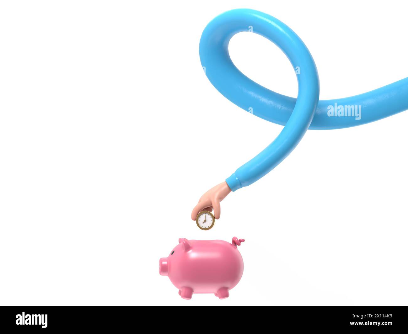 Symbol für Zeichentrick-Geste.Zeitersparnis in Piggy Bank.3D-Rendering auf weißem Hintergrund.Konzept für lange Arme. Stockfoto
