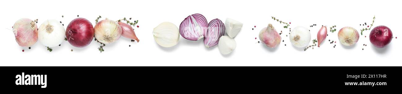Collage verschiedener Zwiebelsorten und Gewürze auf weißem Hintergrund Stockfoto