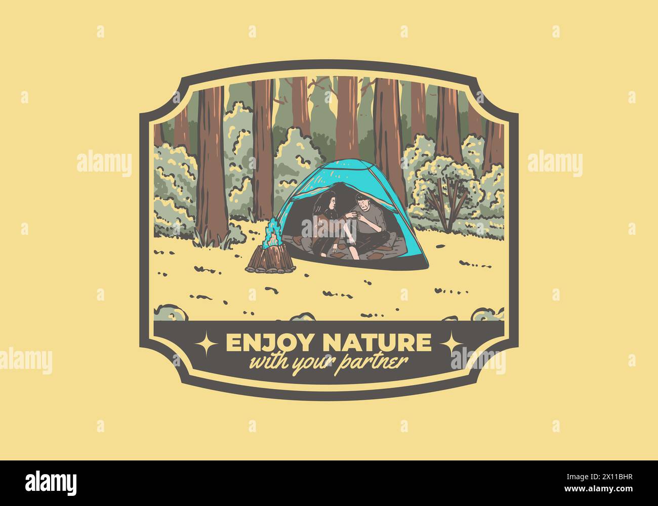Camping in der Natur mit Partner. Vintage-Illustrationen für den Außenbereich Stock Vektor