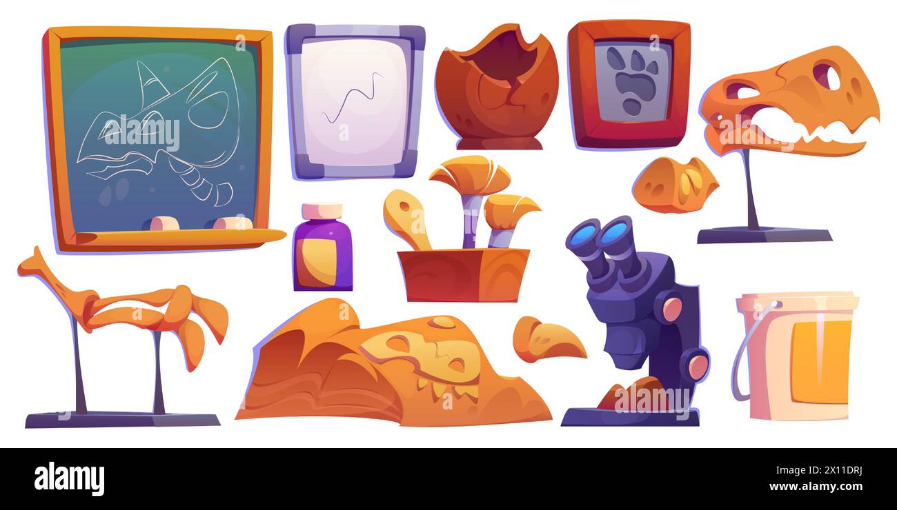 Fossil-Labor- und Paläontologieschrank-Innenelemente und Forschungswerkzeuge. Cartoon-Vektor-Set von archäologischen Wissenschaftlern Laborzimmerobjekten - Dinosaurierknochen und Fußabdrücke, Mikroskop und Pinsel. Stock Vektor Fossil-Labor- und Paläontologieschrank-Innenelemente und Forschungswerkzeuge. Cartoon-Vektor-Set von archäologischen Wissenschaftlern Laborzimmerobjekten - Dinosaurierknochen und Fußabdrücke, Mikroskop und Pinsel. Stock Vektor