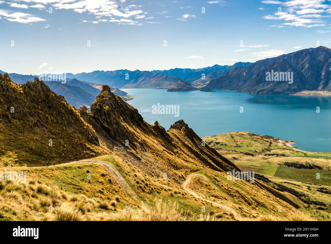 Blick auf den See Hawea vom Ishmus Track Walk Stockfoto