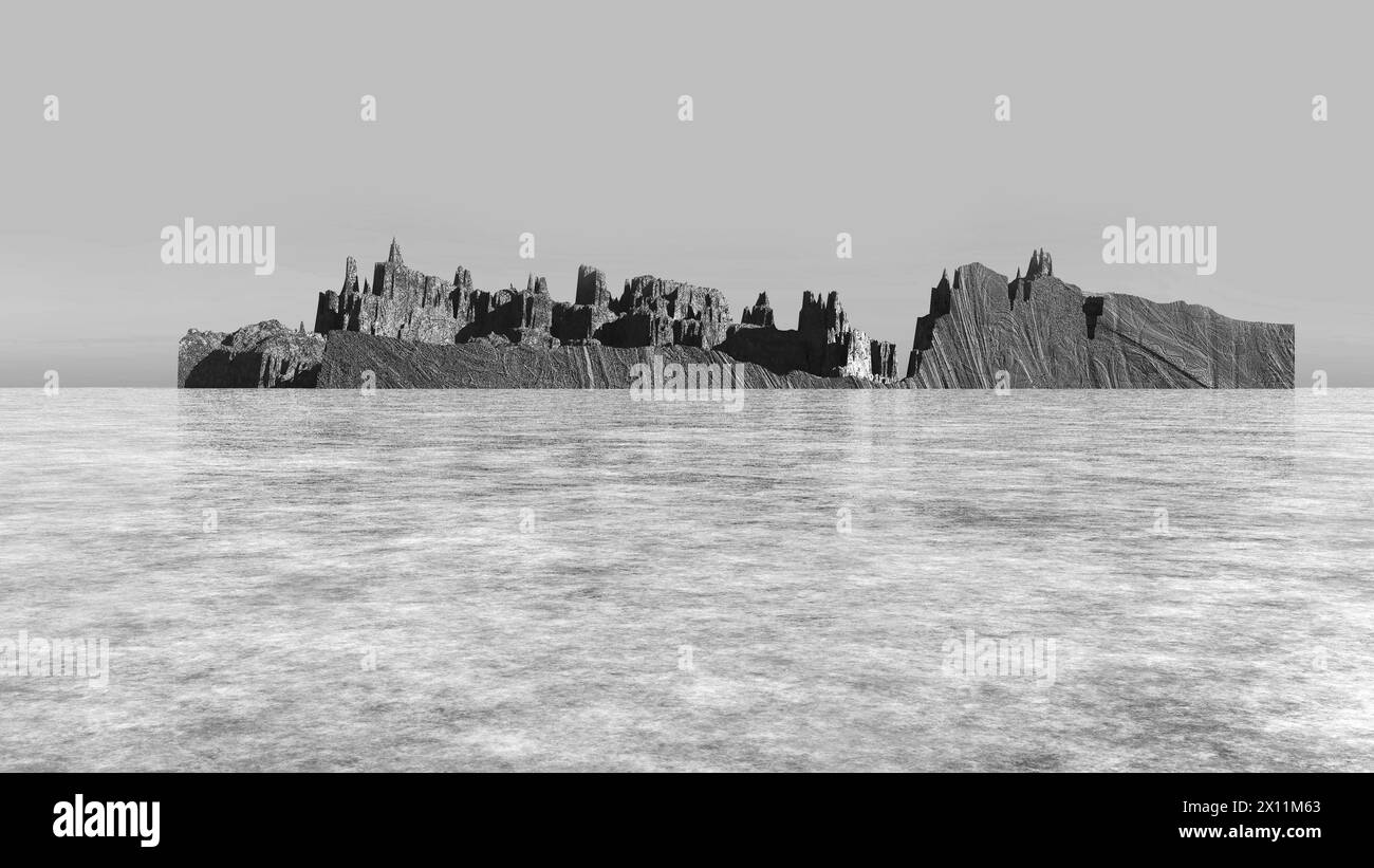 Berge in der Mitte des Eisfeldes, 3D Illustration Hintergrund Stockfoto