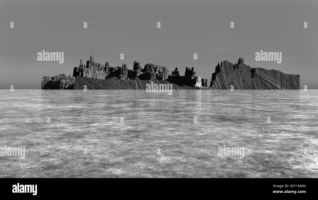 Berge in der Mitte des Eisfeldes, 3D Illustration Hintergrund Stockfoto