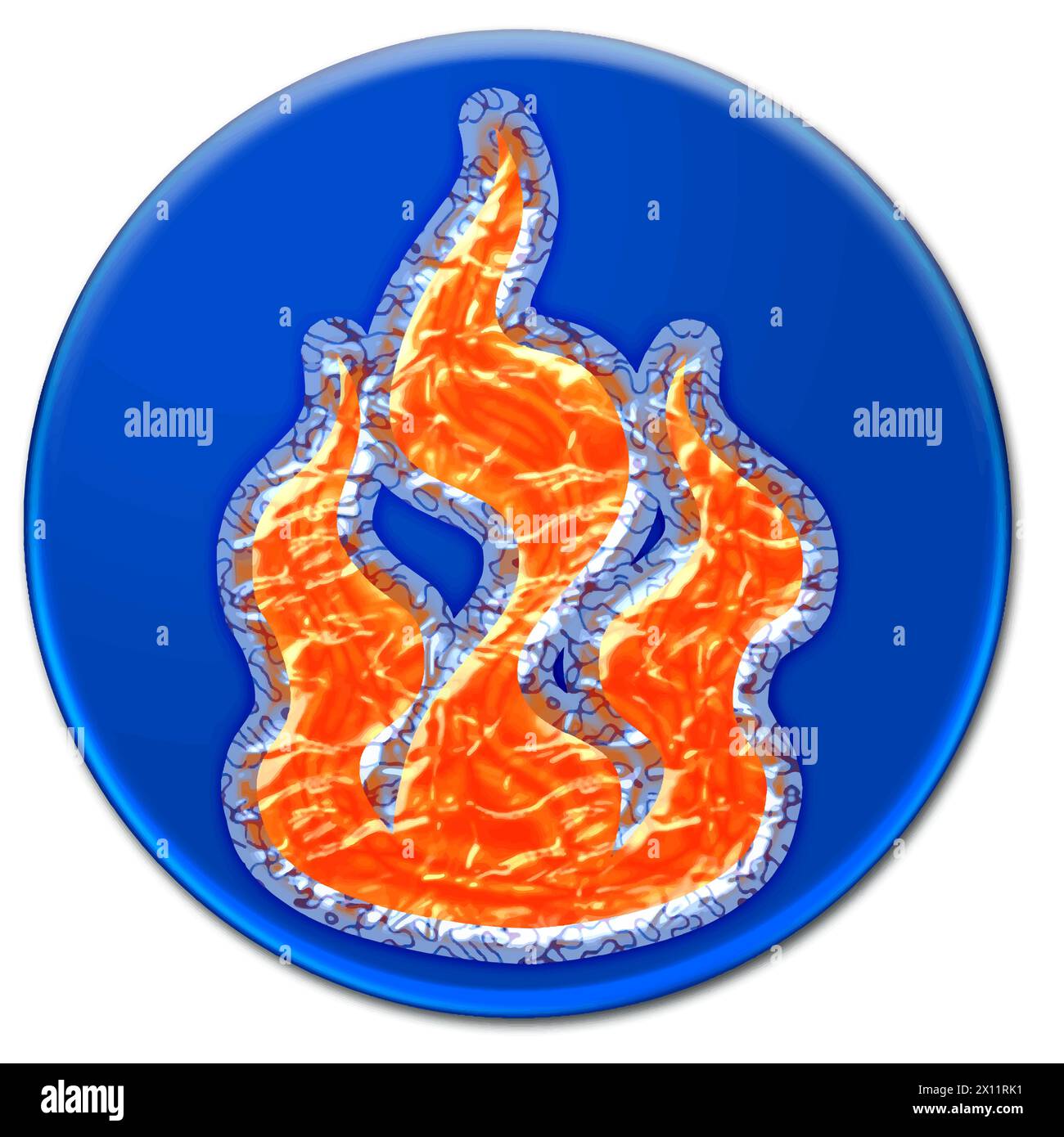 Surrealistisches Feuersymbol auf einem blauen Knopf, der auf weißem Hintergrund isoliert ist Stock Vektor