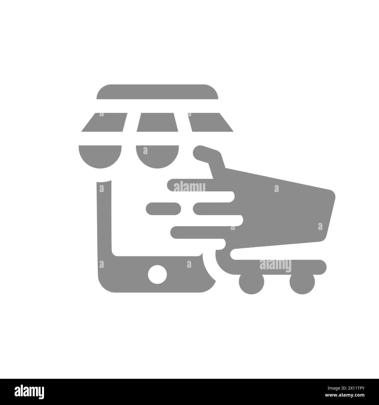 Einfaches und schnelles Einkaufen, Online-Shop-Symbol. Telefon-Ladenfront und Einkaufswagen-Vektor. Stock Vektor