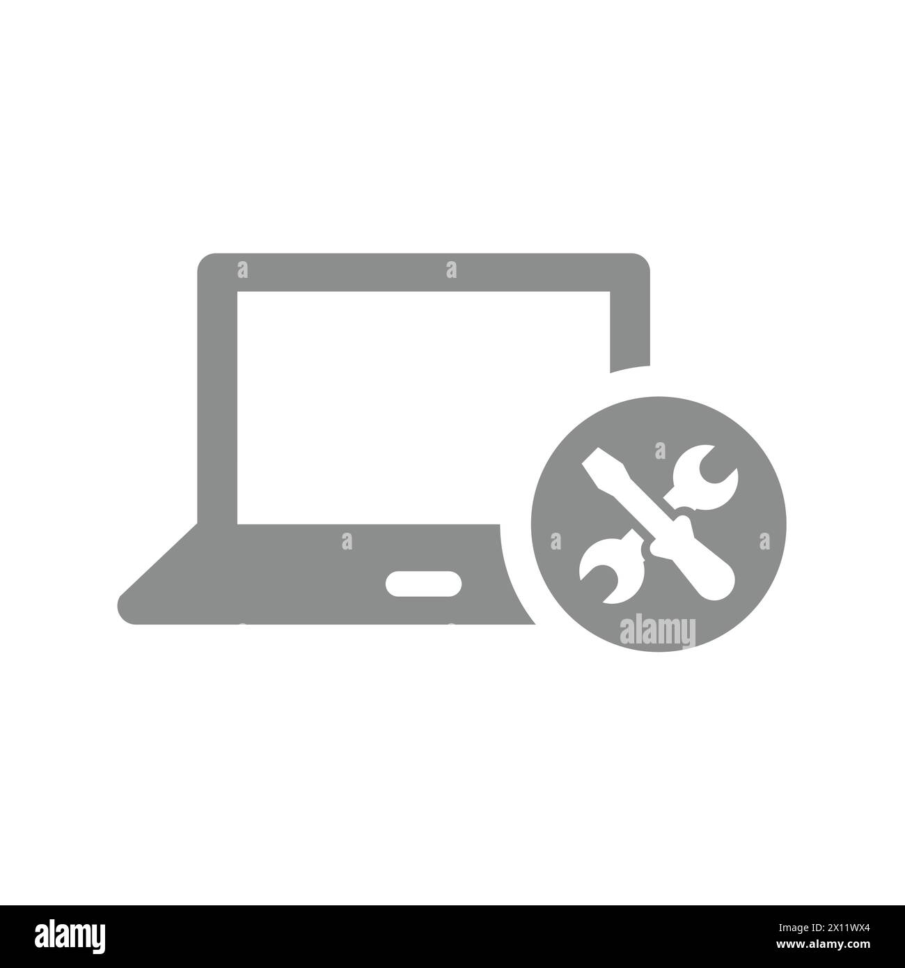 Vektorsymbol für Computer-Reparaturwerkstatt. Laptop mit Schraubendreher und Schraubenschlüssel, Symbol für Support-Service. Stock Vektor