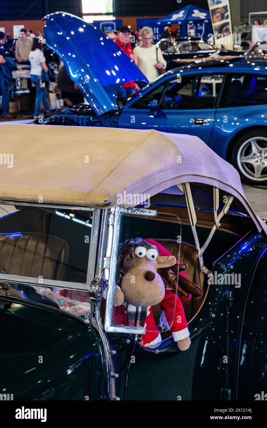 © Arnaud BEINAT/Maxppp. 14.04.2024, Metz, Lorraine, Grand EST, Frankreich. The Peluche de Chien vue dans une Aston Martin de Collection durant le Salon Metz Auto Passion qui s'EST tenu à Metz (Moselle, Grand EST) les 13 et 14 avril 2024. ENGLISCHE BILDUNTERSCHRIFT : Spielzeughund in einem historischen Aston Martin Auto während der Metz Auto Passion Ausstellung, die in der französischen Stadt Metz (östlich von Frankreich) am 13. Und 14. April 2024. Quelle: MAXPPP/Alamy Live News Stockfoto