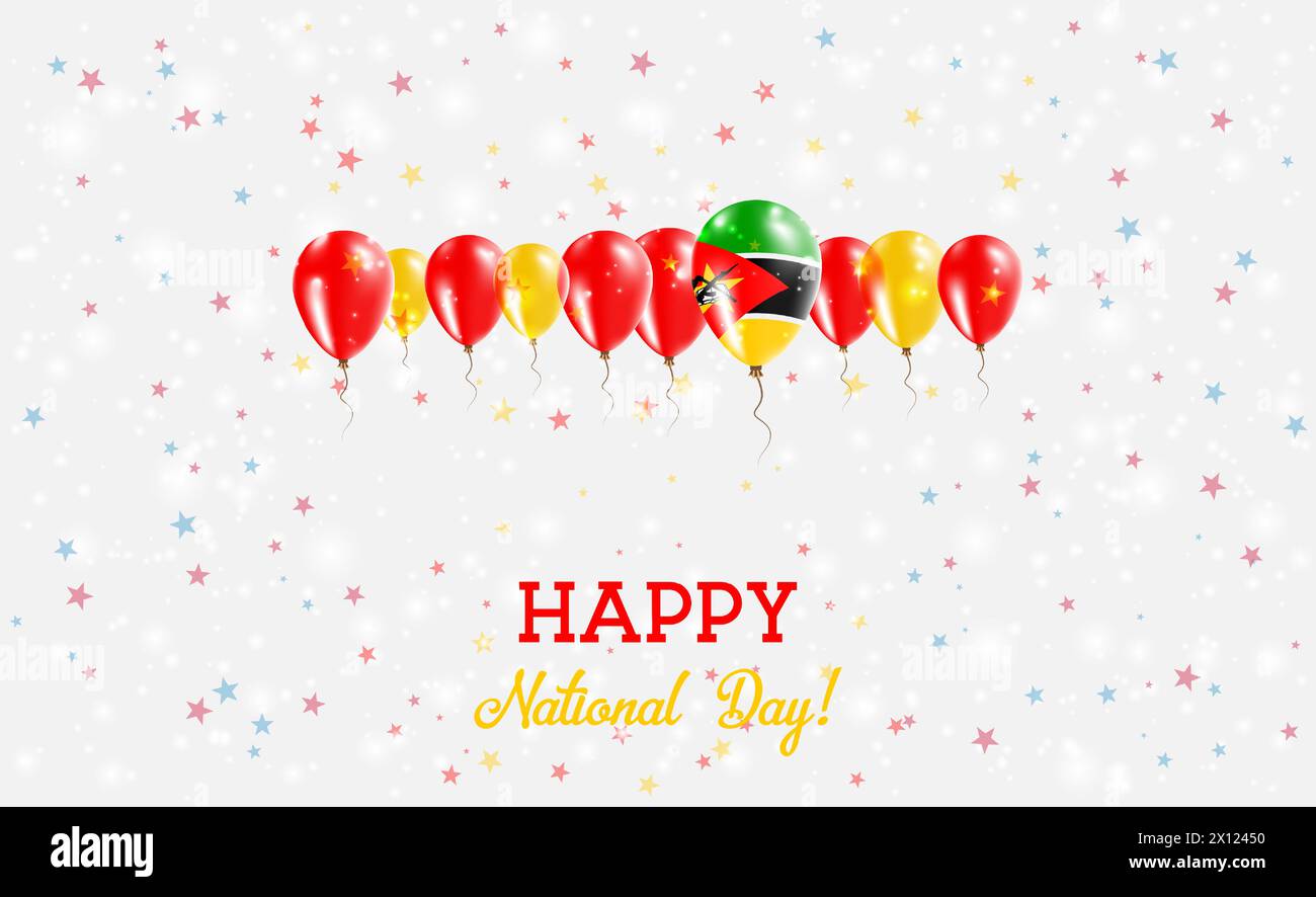 Mosambik Unabhängigkeitstag Funkelndes Patriotisches Poster. Reihe von Ballons in Farben der mosambikanischen Flagge. Grußkarte mit Nationalflaggen, Konfetti Stock Vektor