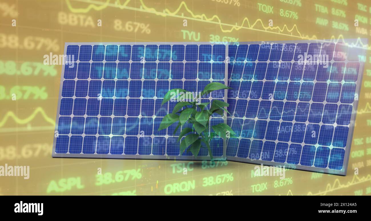 Bild der Finanzdatenverarbeitung über Solarpaneelen und Anlage auf gelbem Hintergrund Stockfoto