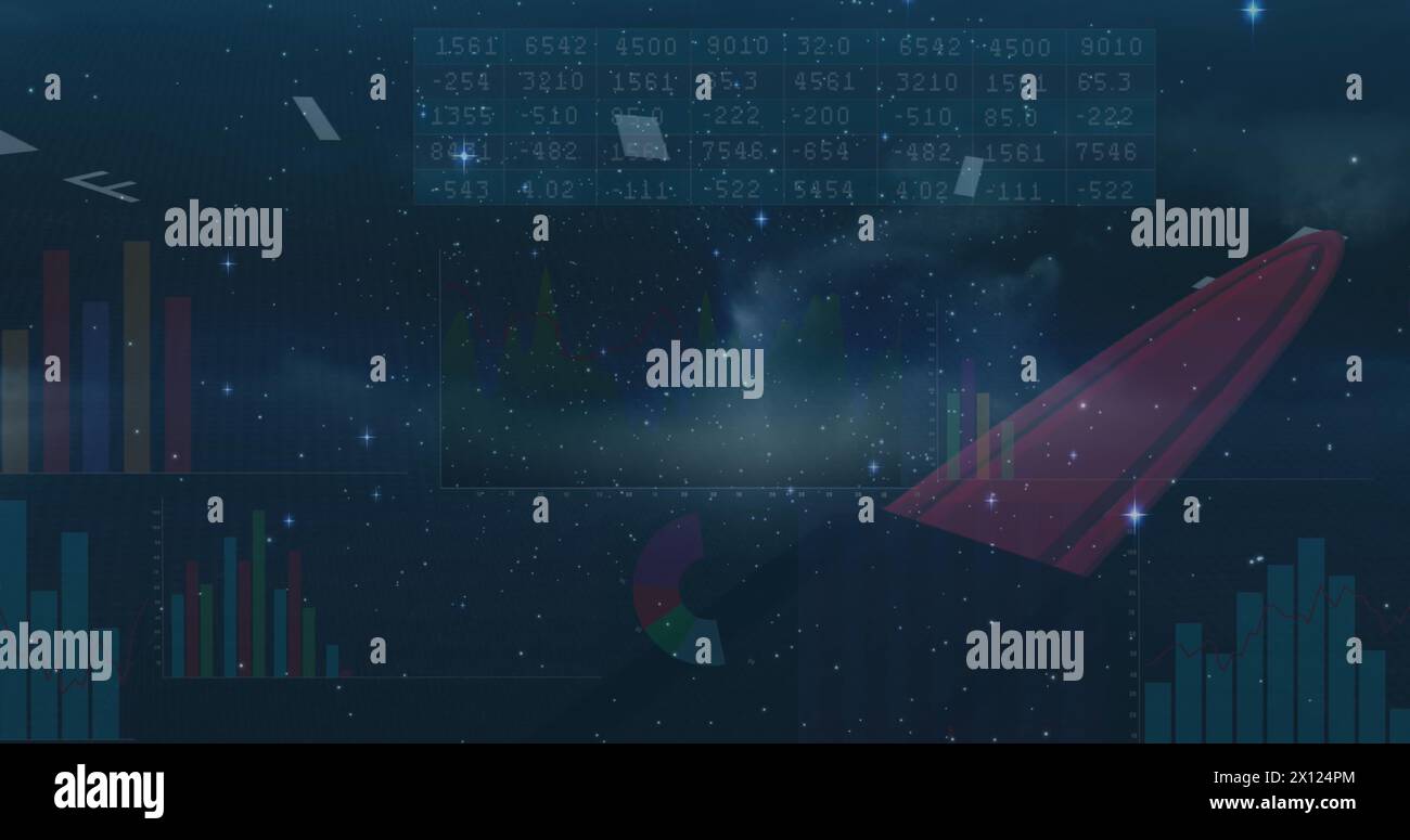 Sterne, die über einem dunklen Nachthimmel leuchten, gefolgt von einer Simulation der Datenverarbeitung über einer Fahrzeugtafel Stockfoto