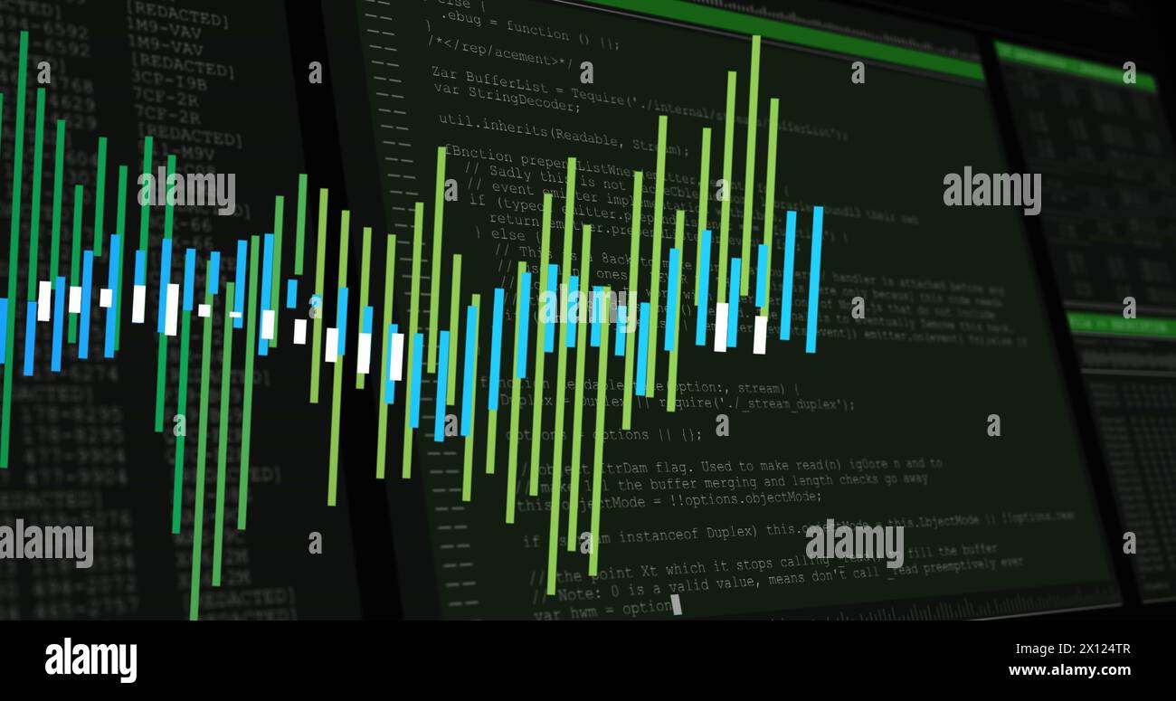 Bild der Verarbeitung von Finanzdaten auf schwarzem Hintergrund Stockfoto