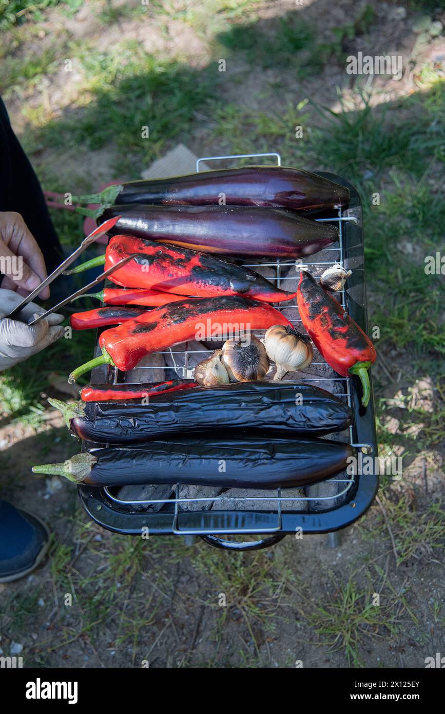 Schwarzer mangal-Grill (mangal) mit frischem Gemüse. Knoblauch, gebratene Paprika und Eierlikör auf mangal Grill Stockfoto