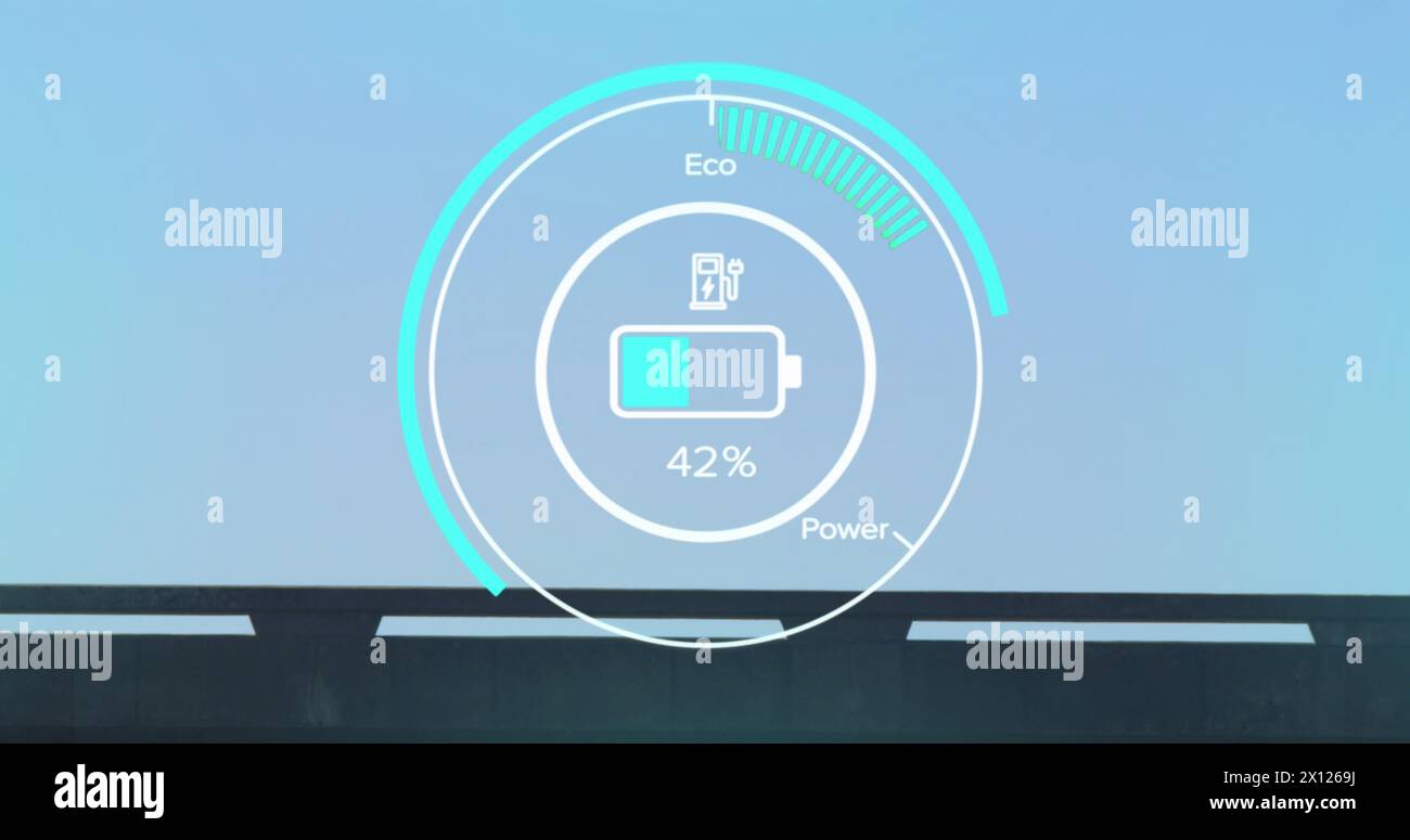 Abbildung des Akkuladestands über Zeitraffer mit Fahrzeugen auf blauem Hintergrund Stockfoto