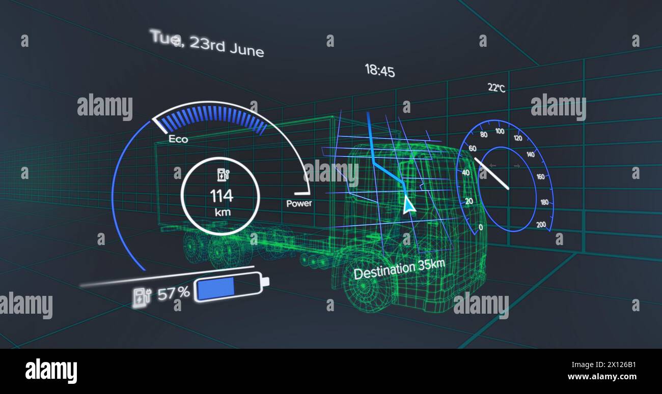 Bild des Tachometers über einem Elektrofahrzeug-Projekt auf marineblauem Hintergrund Stockfoto