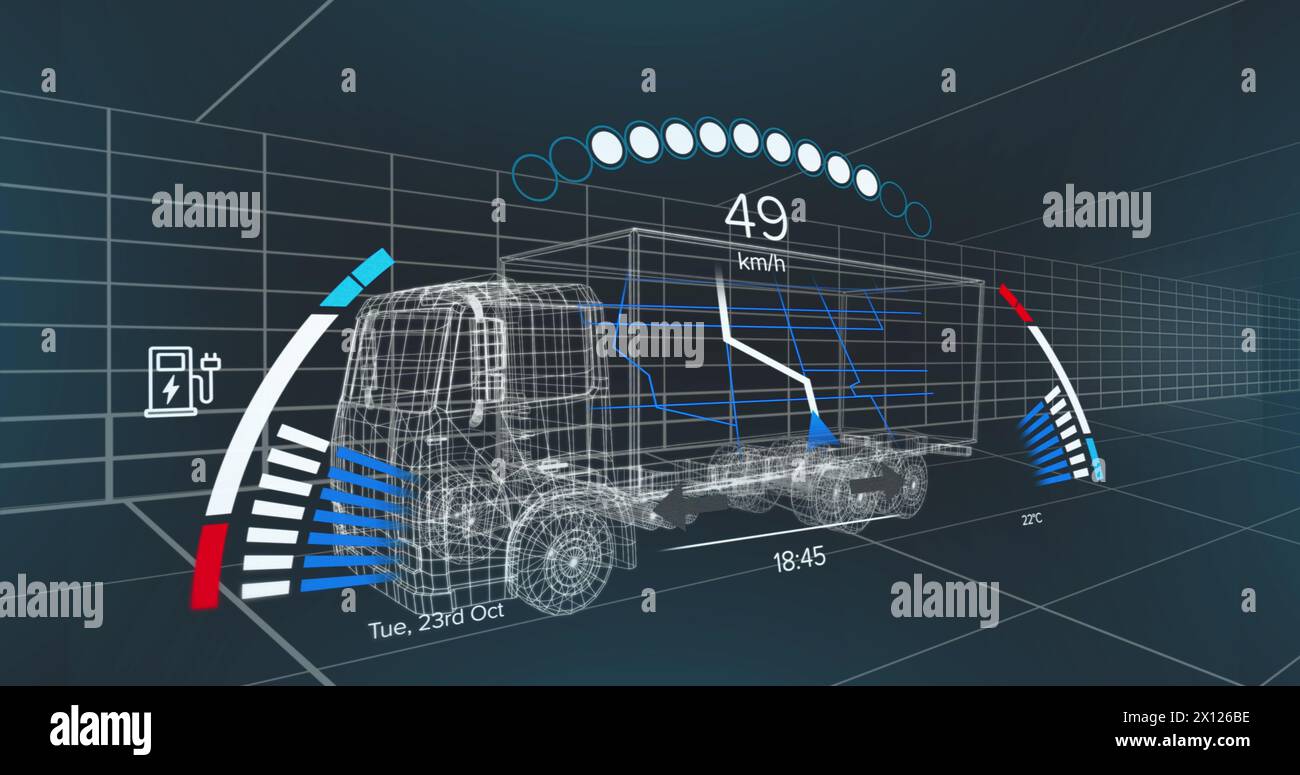 Bild des Tachometers über einem Elektrofahrzeug-Projekt auf marineblauem Hintergrund Stockfoto