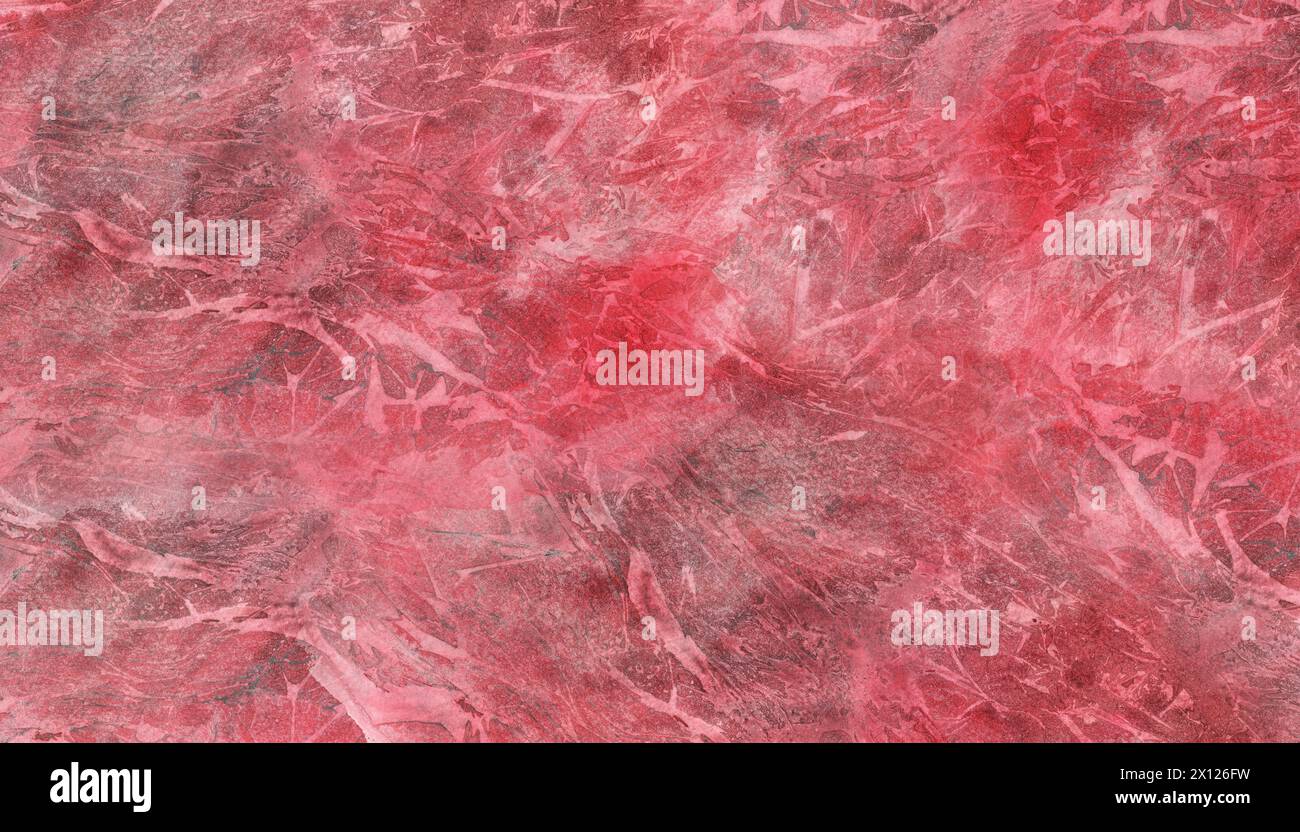 Rote abstrakte Textur von Flamme, Feuer. Geometrische Färbung der Blutfarbe Aquarell. Weinfarbenstrich mit Waschung. Gebürsteter Hintergrund. Aquarellspritzer. Stockfoto