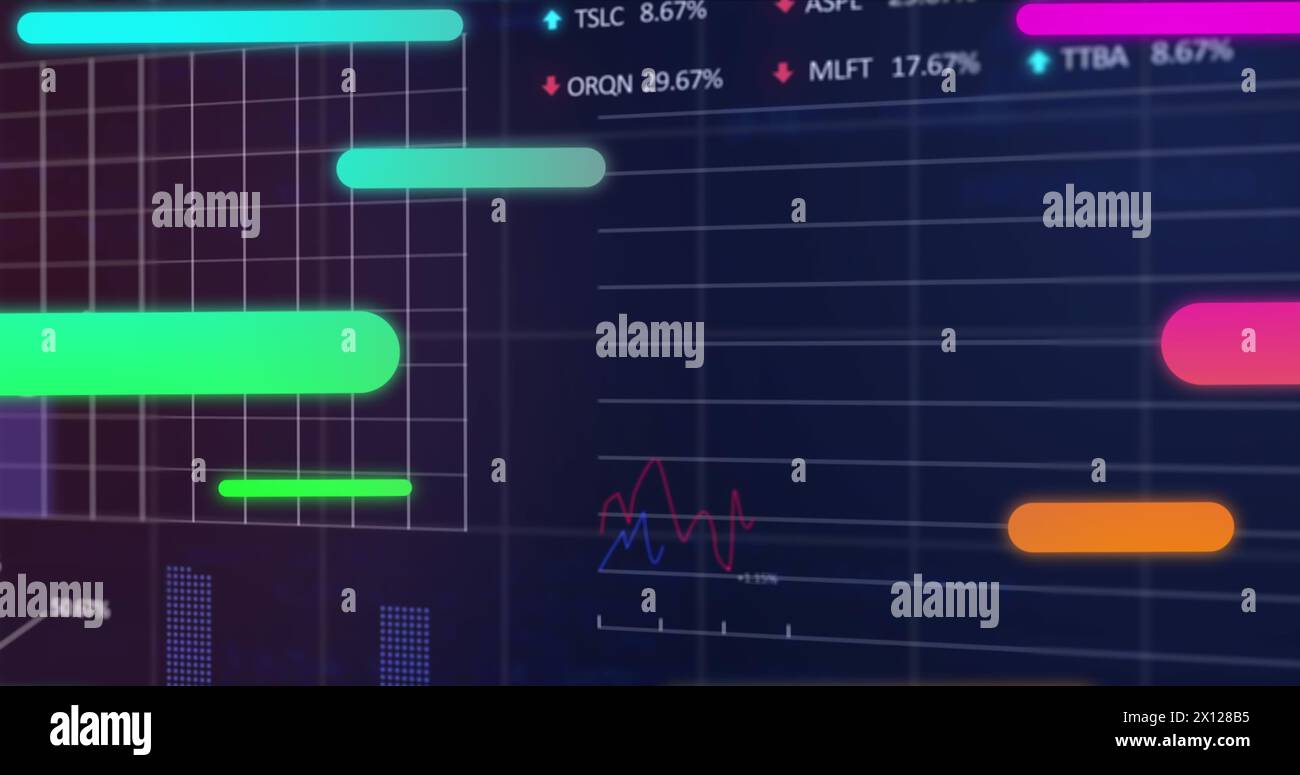 Bild abstrakter Muster über Grafiken, Handelstafel und Computersprache auf blauem Hintergrund Stockfoto