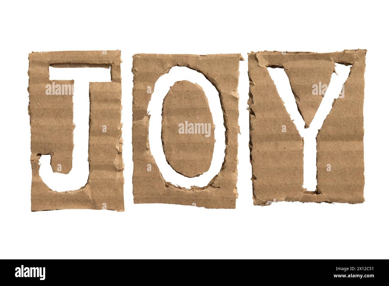 Ein Wort „FREUDE“ aus einem Karton auf weißem Hintergrund mit Schneidepfad Stockfoto