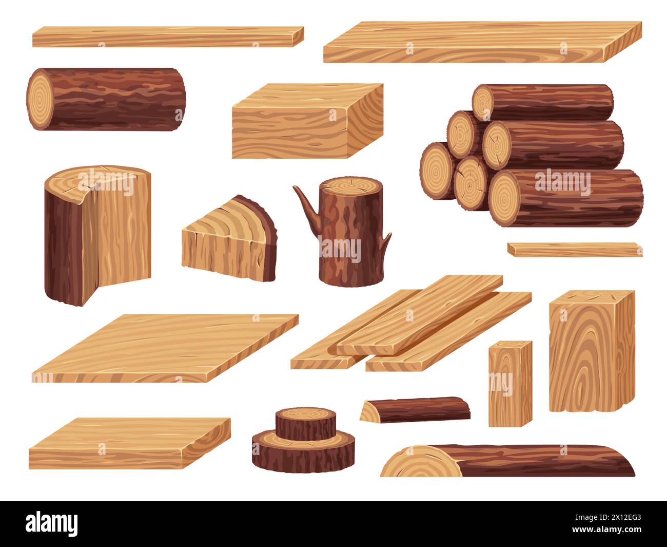 Rohholzmaterialien. Holzhaufen von Baumstämmen Äste, Haufen von geschnittenen Hartholzstücken für die Tischlerei, Sägewerksindustrie. Vektor-isolierter Satz Stock Vektor