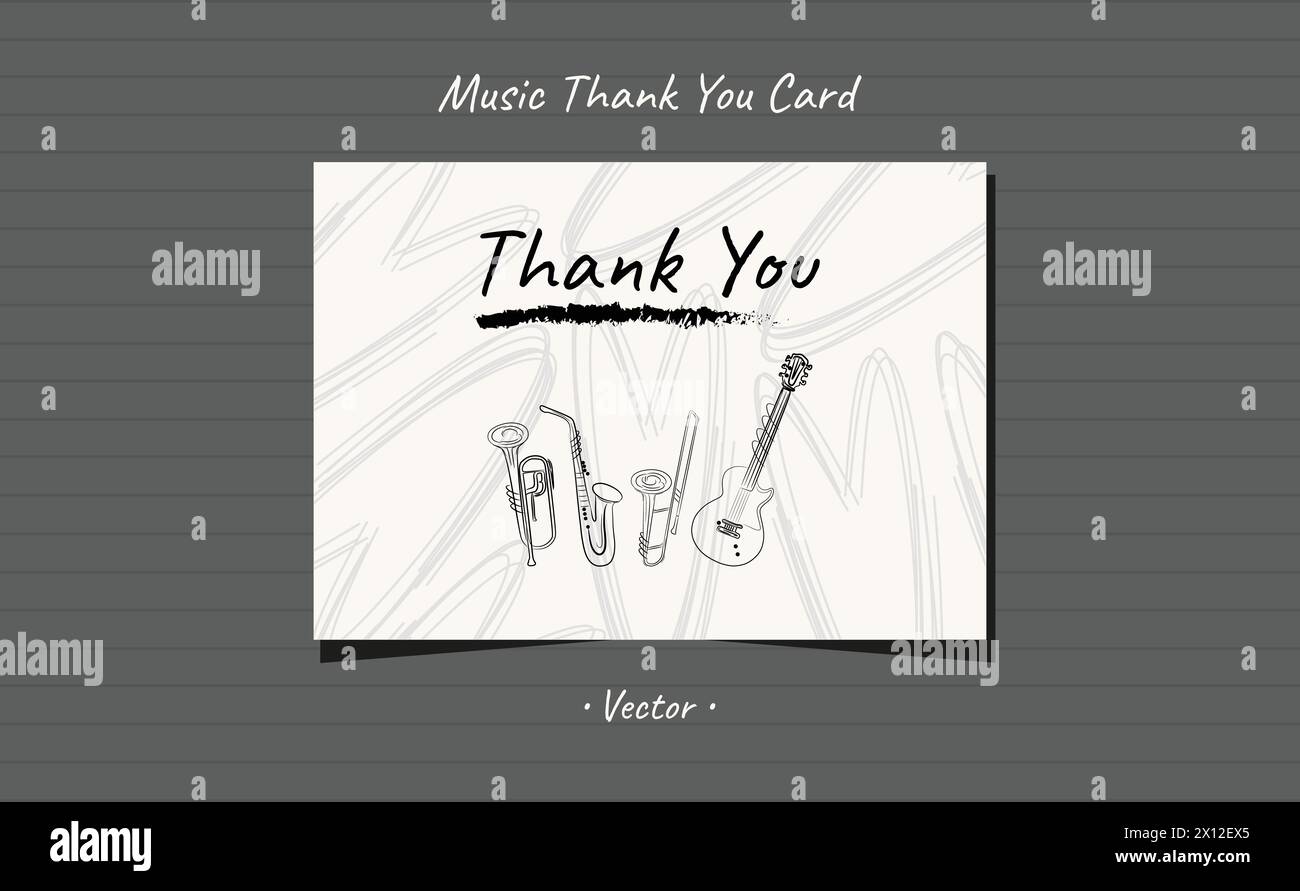 Dankeskarte Musikinstrumente handgezeichnete Strichkunst mit Pinselstrich und Herzformen. Stock Vektor