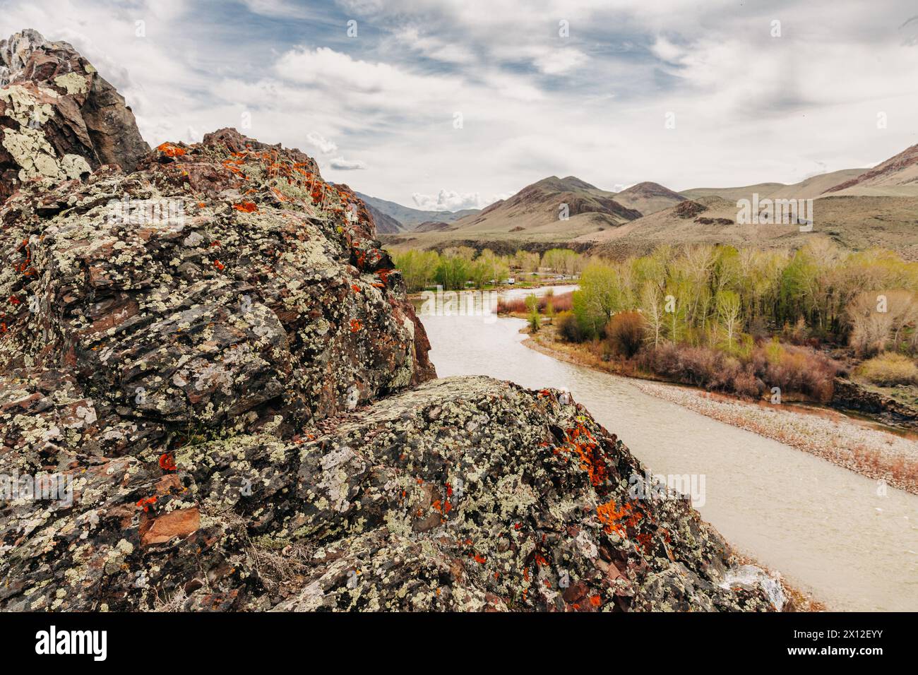 Flussszene mit felsigen Klippen in Challis, Idaho Stockfoto