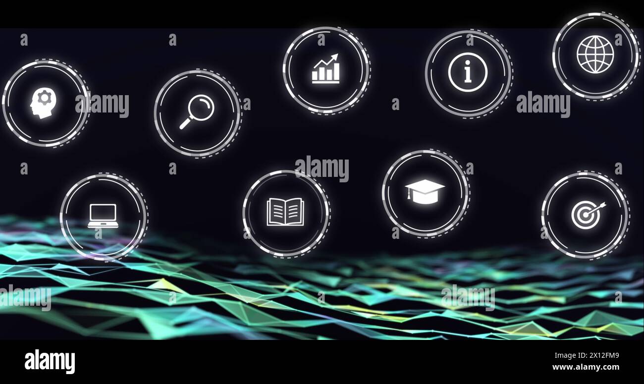 Bild fallender Bildungssymbole über Netzwerk von Verbindungen auf dunklem Hintergrund Stockfoto