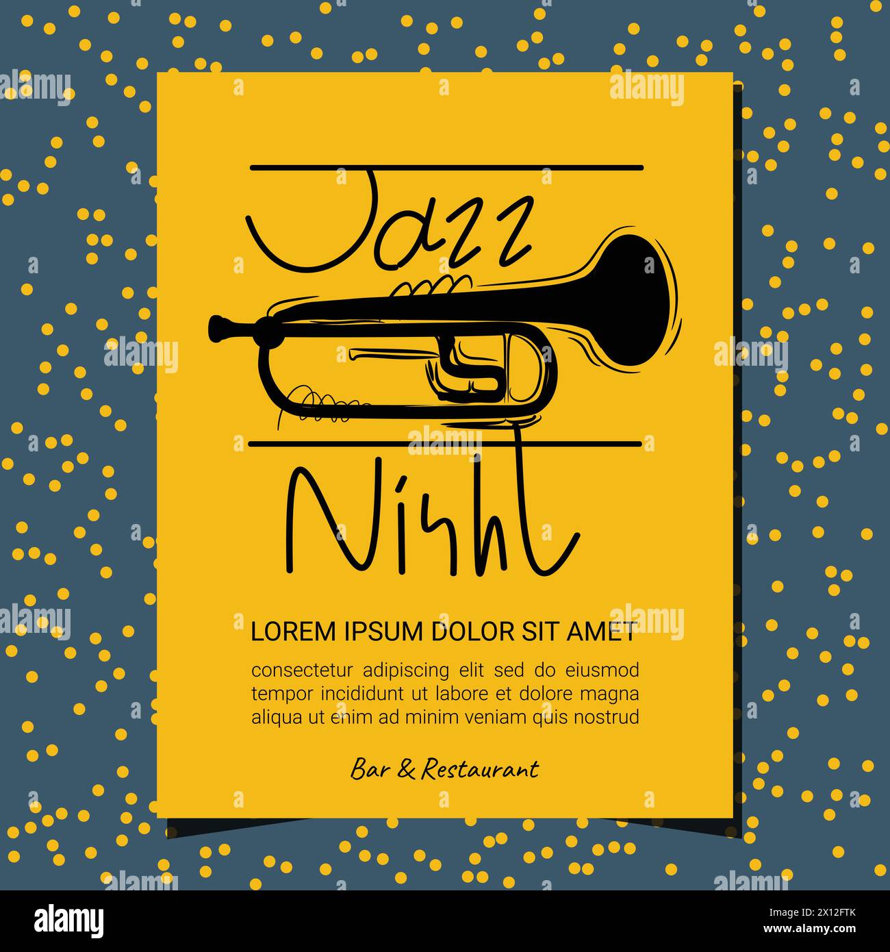 Jazz Night handgezeichneter Text Typo Schriftzug Typografie Trompete Instrument Minimal Art Artwork Design. Stock Vektor