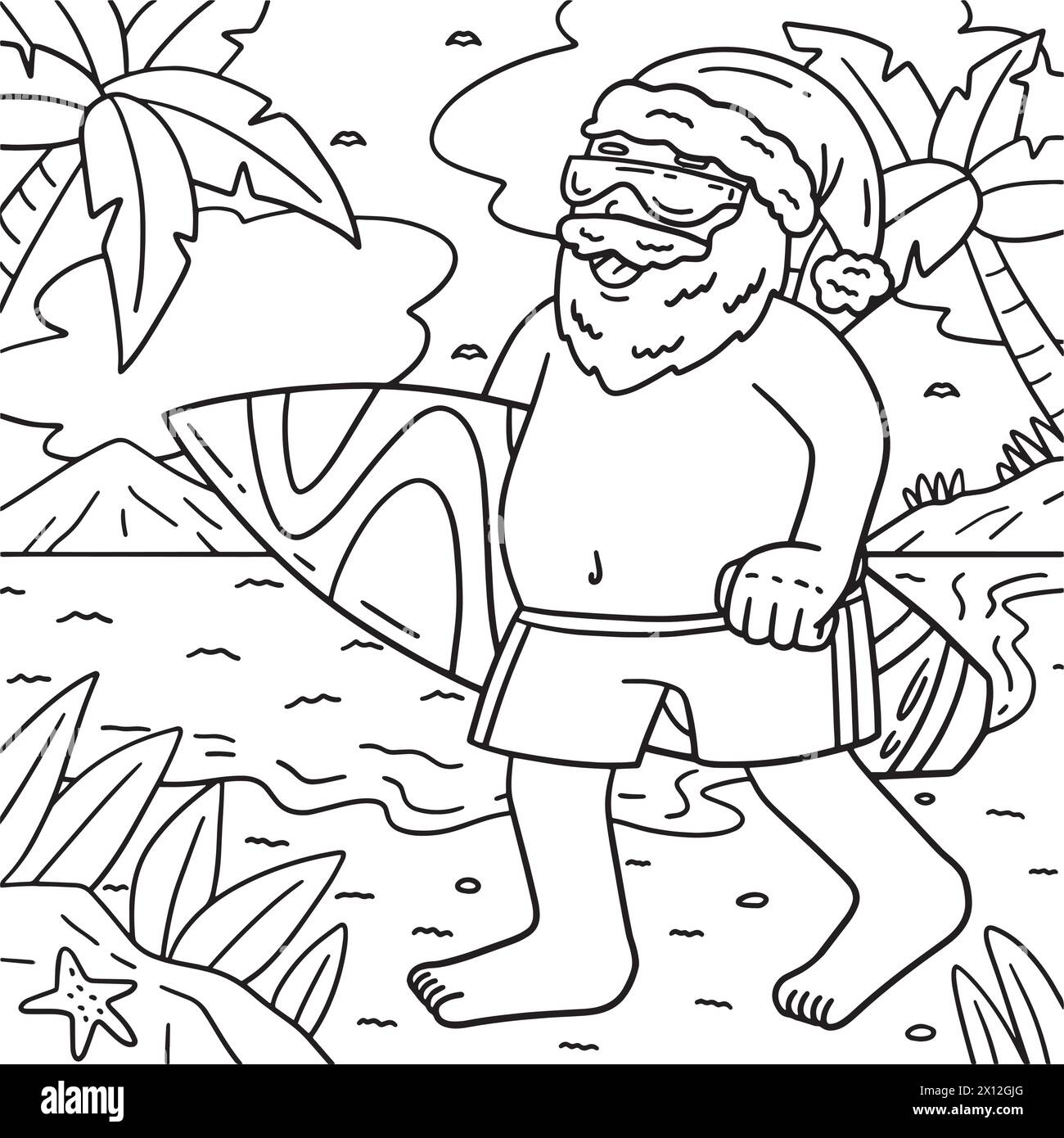 Weihnachten im Juli Weihnachtsmann mit Surfboard Coloring Stock Vektor