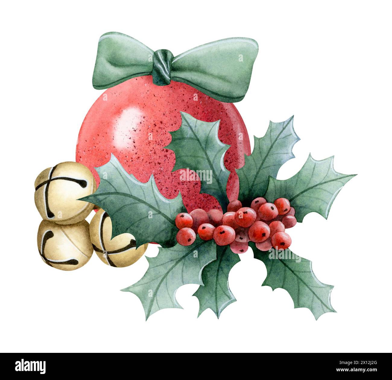 Rote Weihnachtskugel-Ornament mit goldenen Glocken, stechpalmenbeeren und grüner Schleife Aquarellillustration für Winterferien Stockfoto