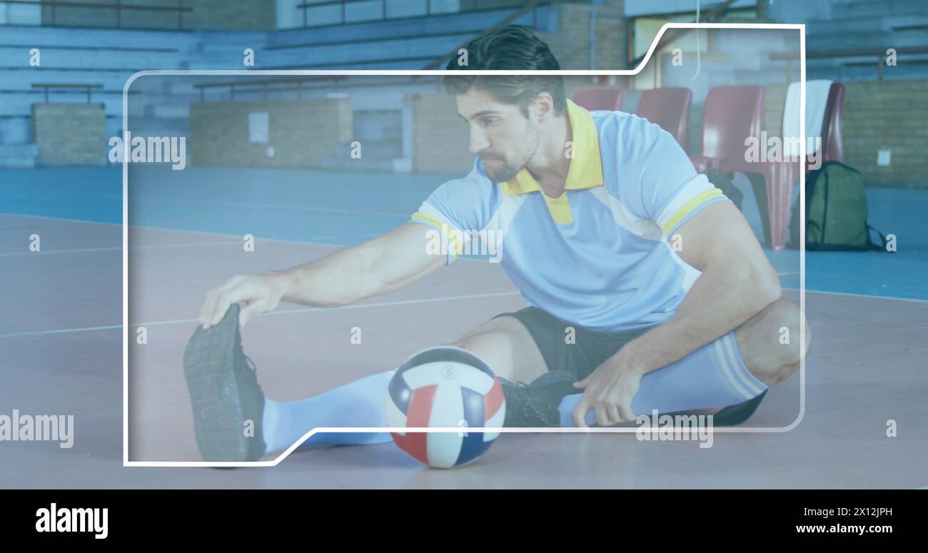 Bild von Formen über kaukasischen Volleyballspielern Stockfoto