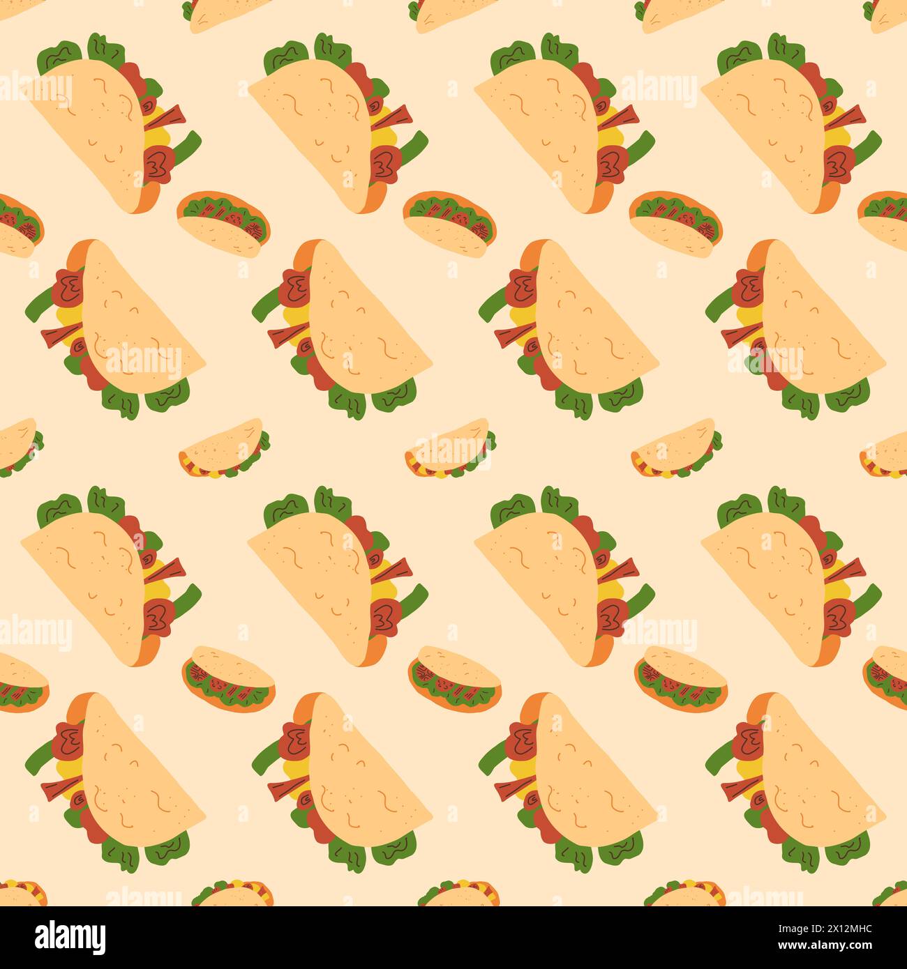 Nahtloses Taco-Muster. Traditionelles mexikanisches Fast Food mit endlosem Hintergrund. Illustration der Vektorabwicklung. Stock Vektor