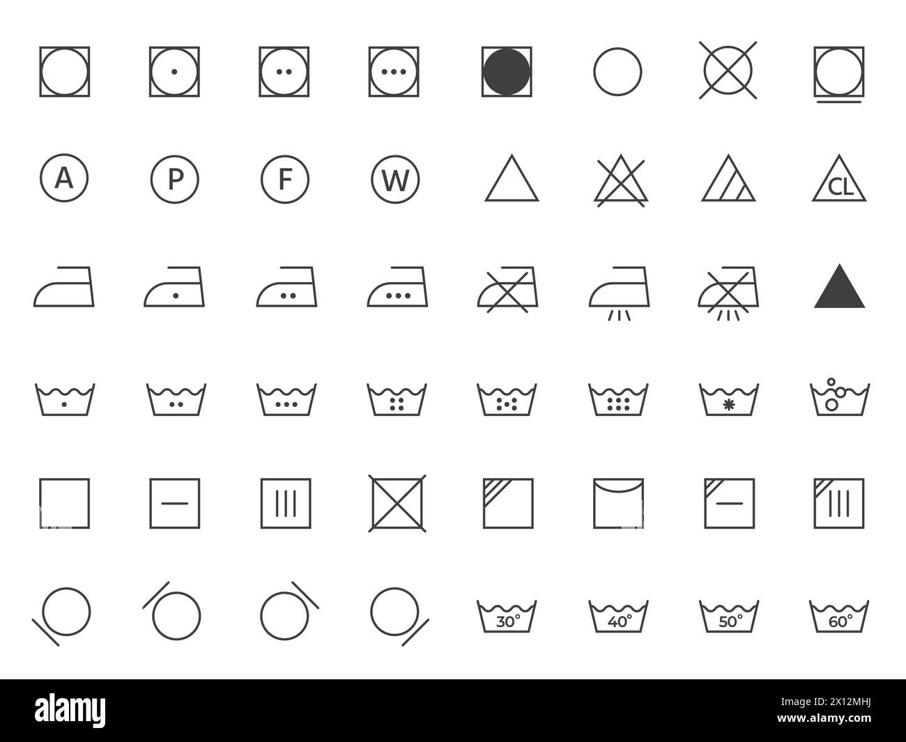 Symbole für die Zeile der Waschanweisungen. Wasch- und Reinigungssymbole, Anleitung zur Pflege der Kleidung, Textilreinigungsrichtlinie flach. Vektor-isolierter Satz Stock Vektor