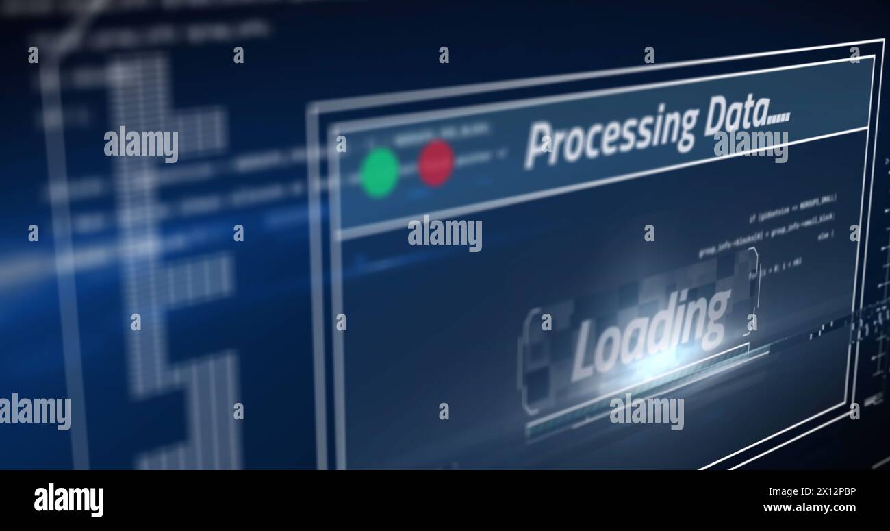 Bild des Datenverarbeitungstextes über Bildschirm- und Computerserver Stockfoto