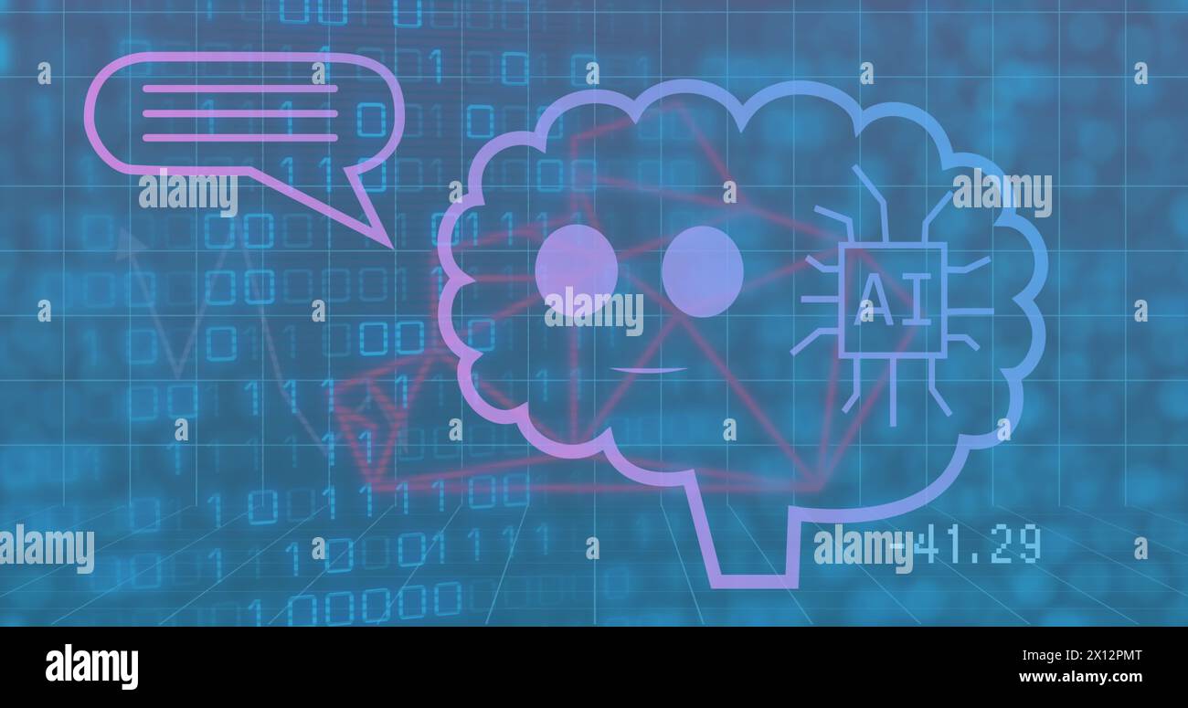 Bild von Ai-Text im animierten Gehirn über Schleife von Binärcodes vor abstraktem Hintergrund Stockfoto