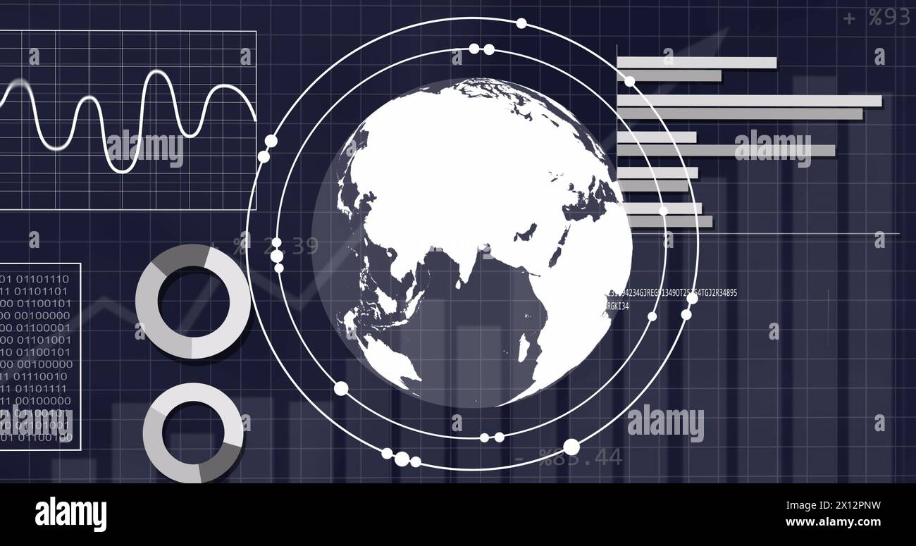 Bild der Schnittstelle mit sich drehendem Globus und statistischer Datenverarbeitung vor blauem Hintergrund Stockfoto
