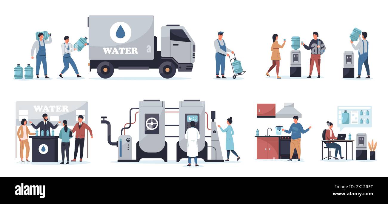 Wasserversorgung. Cartoon Mann mit Plastikflasche, Van und LKW mit Fässern, Aqua Distribution und Transportkonzept. Vektorsatz Stock Vektor