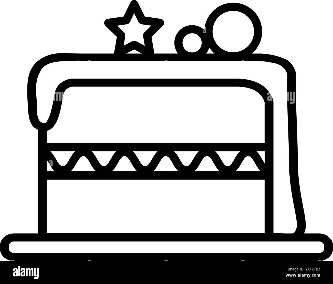 Ein Stück Kuchen, gefüllt mit Glasur, Geburtstagsfeier-Symbol. Umriss des festlichen Stückes für die Gestaltung des Kinderunterhaltungs-Zentrums. Einfache Linea Stock Vektor