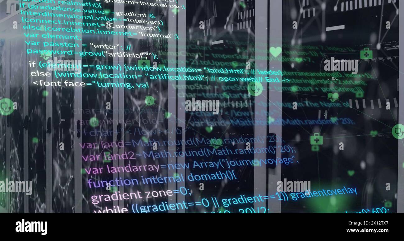 Bild der Computersprache über verbundenen Punkten auf Datenserversystemen im Serverraum Stockfoto