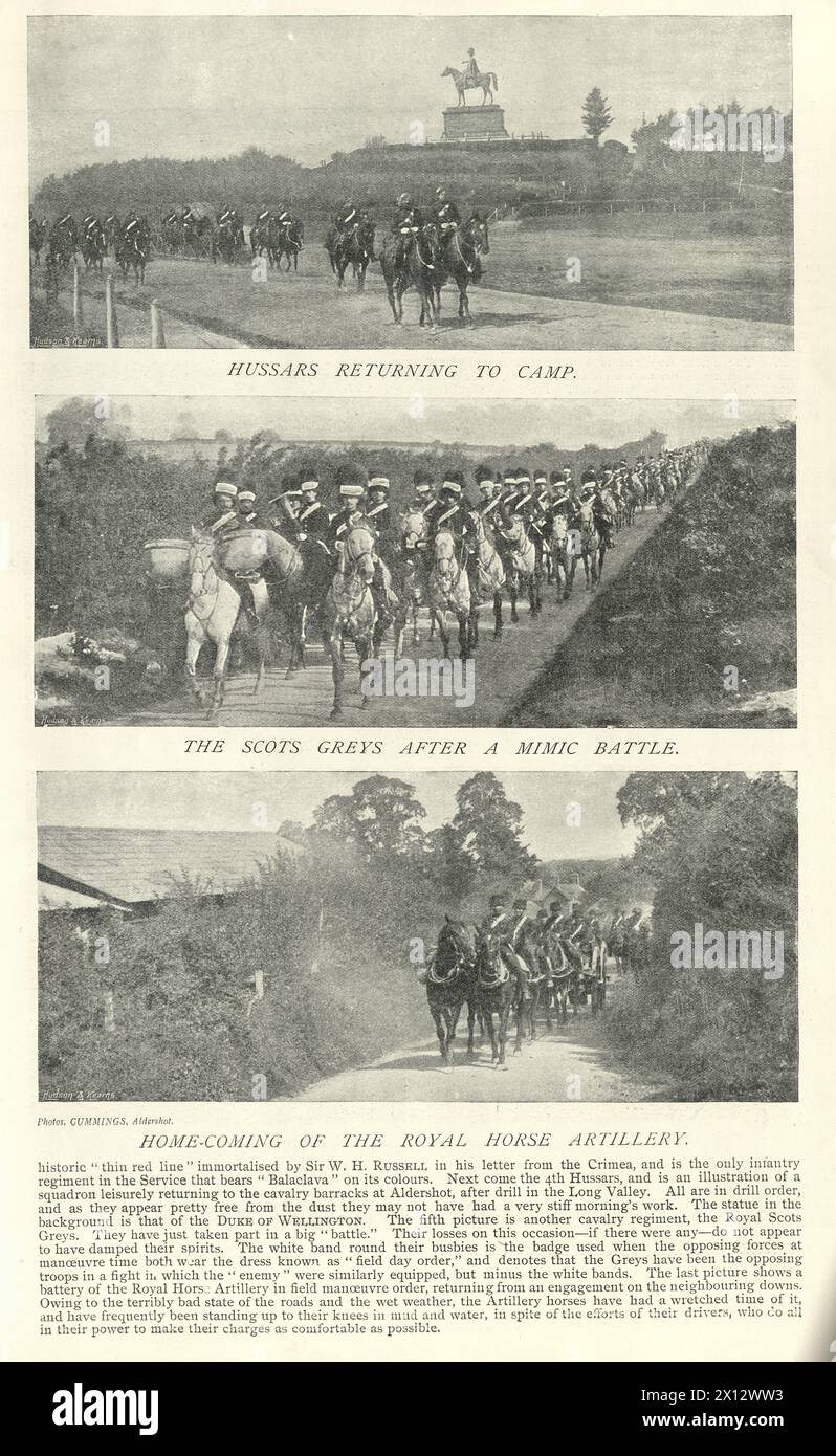 Vintage-Bild, britische Armeesoldaten auf Übung rund um Aldershot, Husaren, Schottengraue, königliche Pferdeartillerie, Militärgeschichte, viktorianisches 19. Jahrhundert Stockfoto