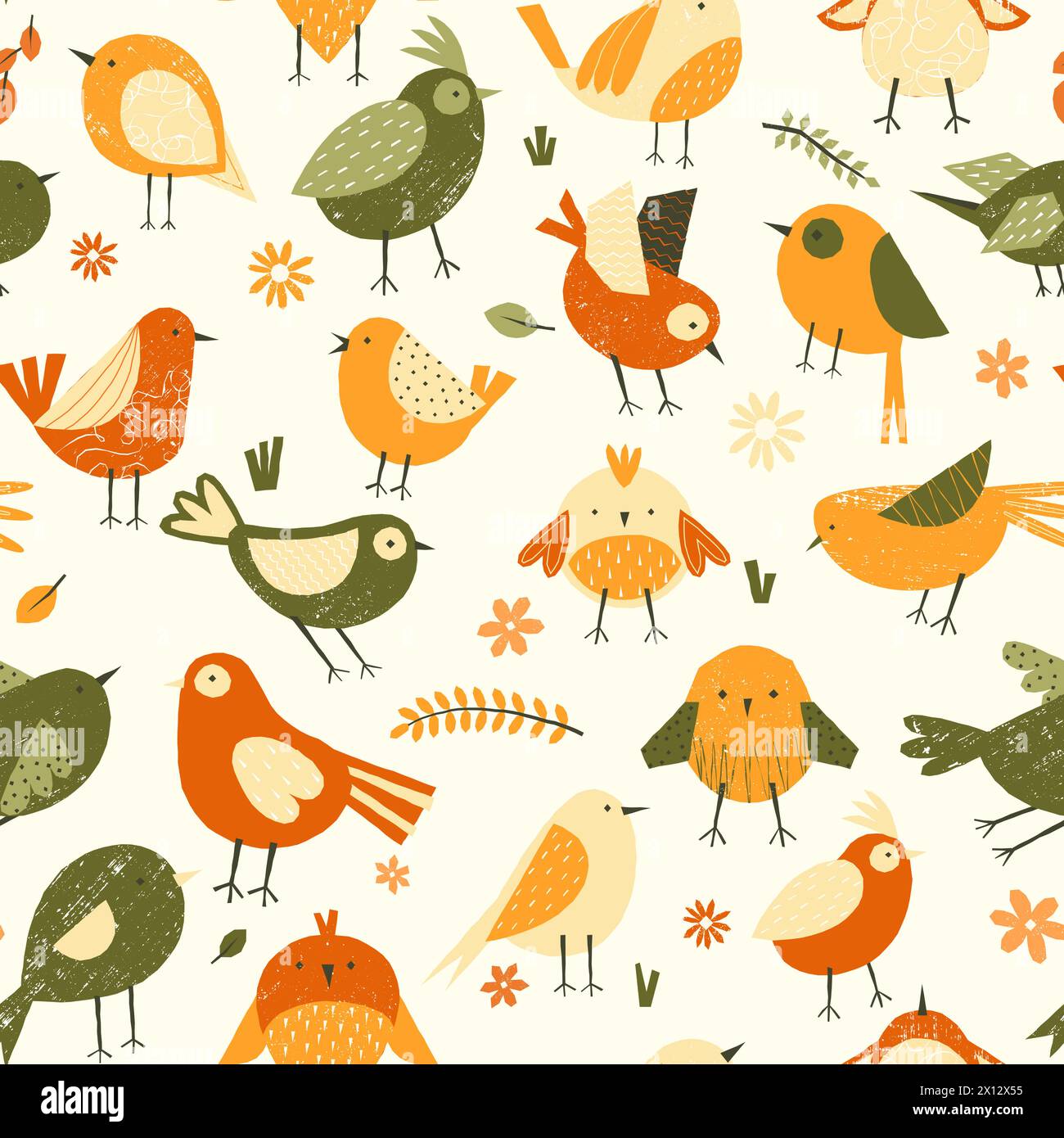 Niedliches Frühlingsvogelmuster. Nahtloser Druck mit farbenfrohen fliegenden Tieren in Zeichentrickfilmen, floraler Hintergrund für das Einwickeln von Papier-Textil-Design. Vektortextur Stock Vektor