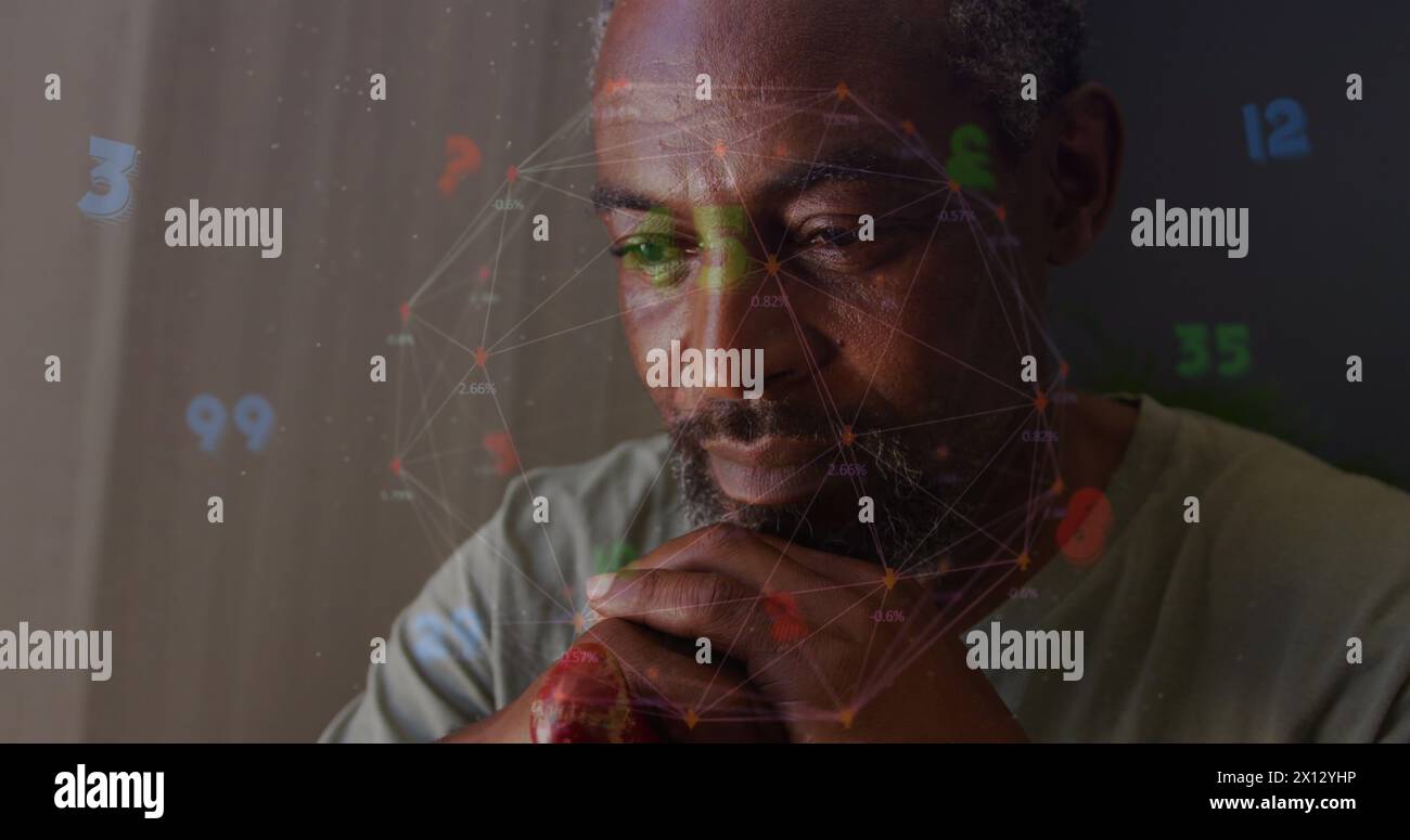 Bild des Netzwerks von Verbindungen und Datenverarbeitung über ranghohen afroamerikanern Stockfoto